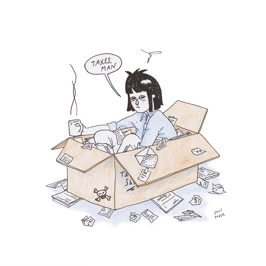 Cartoon Steuern, junge Frau mit dunklem Haar, roten Augen und Kaffeetasse sitzt in einem Pappkarton voller Belege