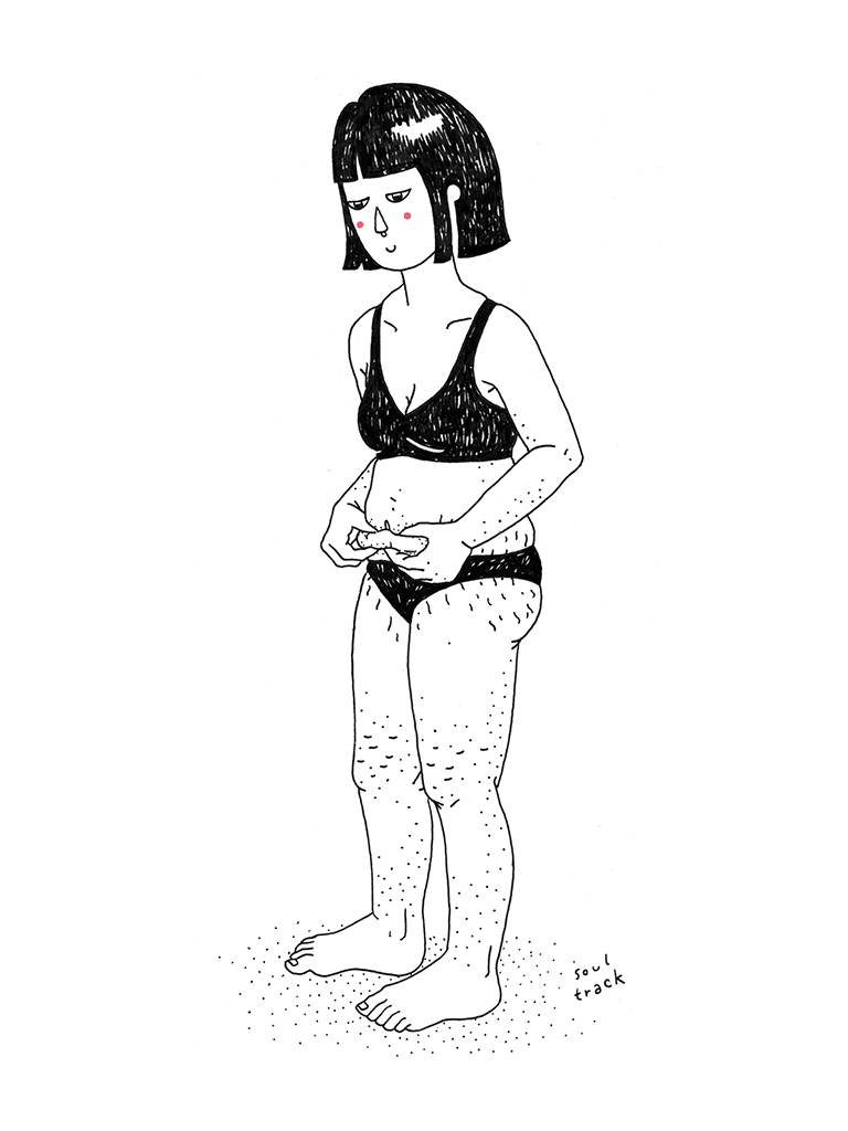 Cartoon Body Positivity - junge Frau in schwarzer Unterwäsche sieht liebevoll auf ihren Bauchspeck