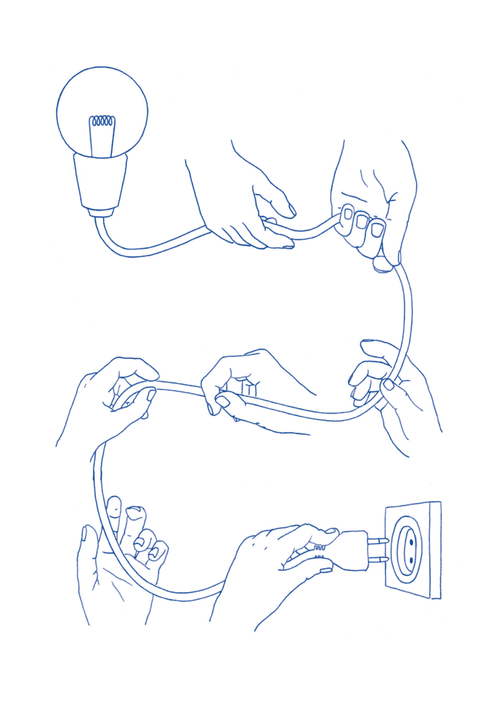 Conceptual Illustration Idee: Hände verbinden das Kabel einer Glühbirne mit dem Strom