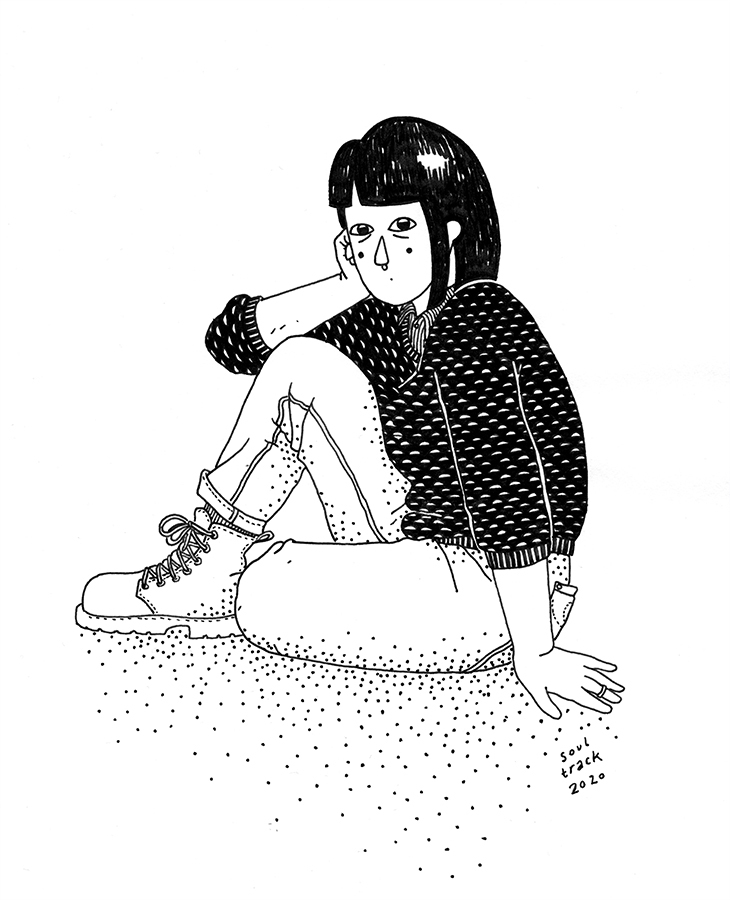 Comic Panel von junger Frau mit schwarzem Haar, schwarzem Pullover, Jeans und Stiefeln, sitzend
