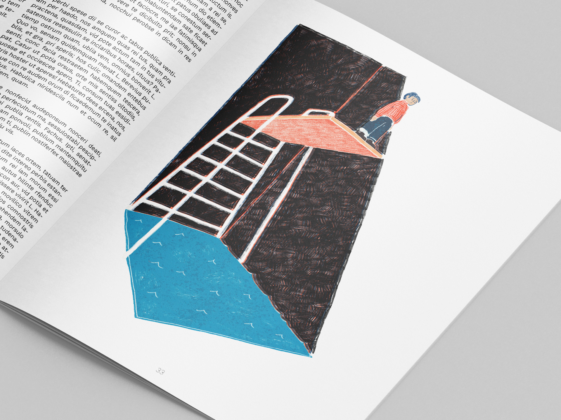 Editorial Illustration zum Thema Angst überwinden. Dargestellt ist eine Person auf einem hohen Sprungbrett über einem Schwimmbecken in dunkler Umgebung.