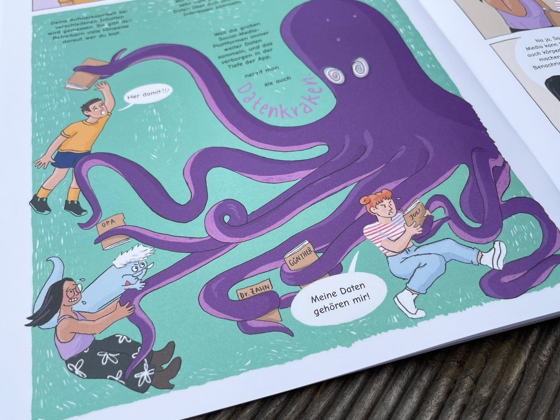 Ausschnitt aus dem Science Comic "Die Entdeckung der Filterblase" - ein Science Comic für Kinder im Alter von 10-14 Jahren zum Thema Social Media, Algorithmen und Fake News. Abgebildet ist eine Detailaufnahme aus dem Heft.