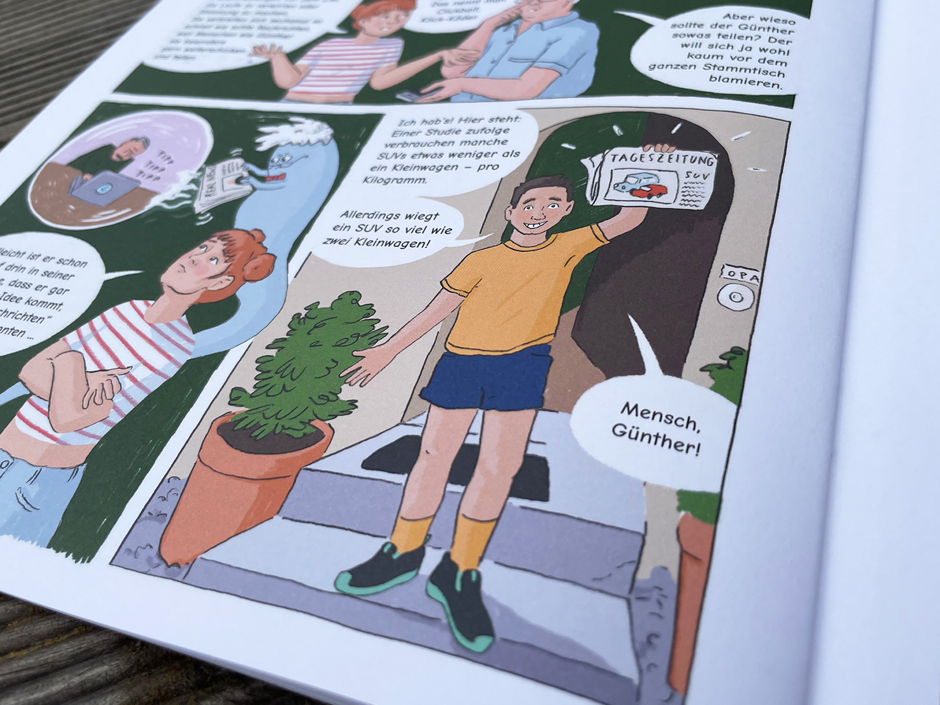 Ausschnitt aus dem Science Comic "Die Entdeckung der Filterblase" - ein Science Comic für Kinder im Alter von 10-14 Jahren zum Thema Social Media, Algorithmen und Fake News. Abgebildet ist eine Detailaufnahme aus dem Heft.