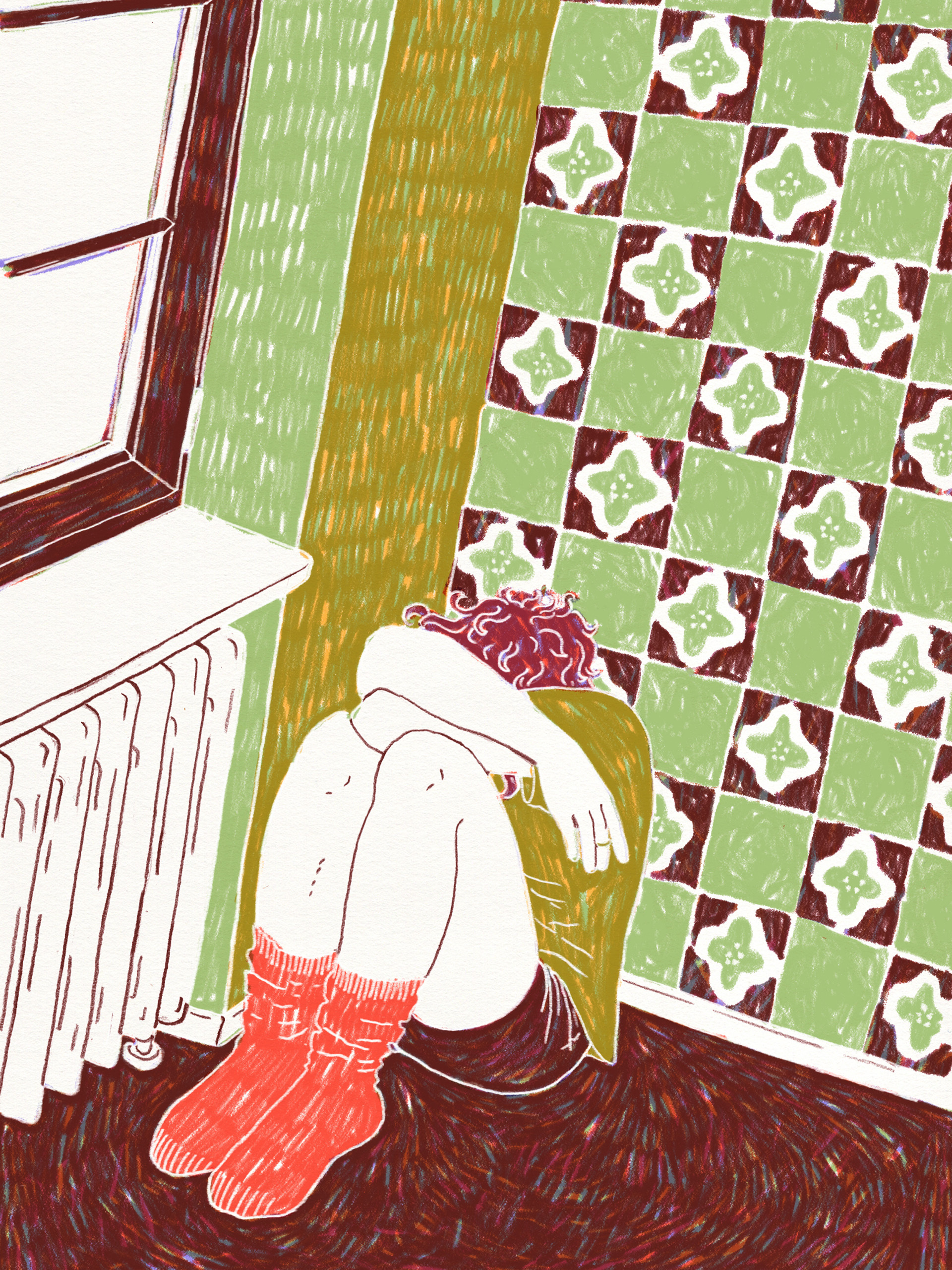 Editorial Illustration zum Thema Depression/Burnout. Dargestellt ist eine Person, die zusammengekauert in einer Ecke sitzt und ihren Kopf hinter den Armen versteckt.