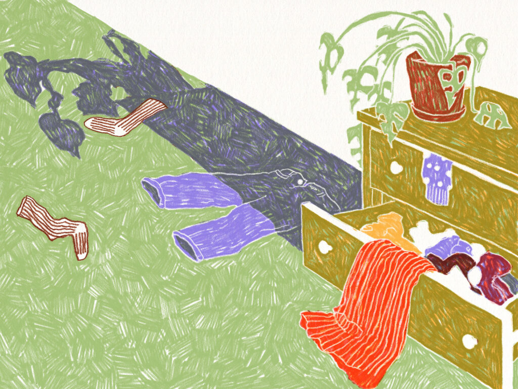 Editorial Illustration zum Thema Depression/Burnout. Dargestellt sind eine überquellende Kommode, auf dem Boden verteilende Kleider und eine verwelkende Topfpflanze.